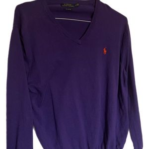 Polo Ralph Lauren Mens Sweater Purple Pima Cotton V Neck Knit Pink Pony Logo SZ